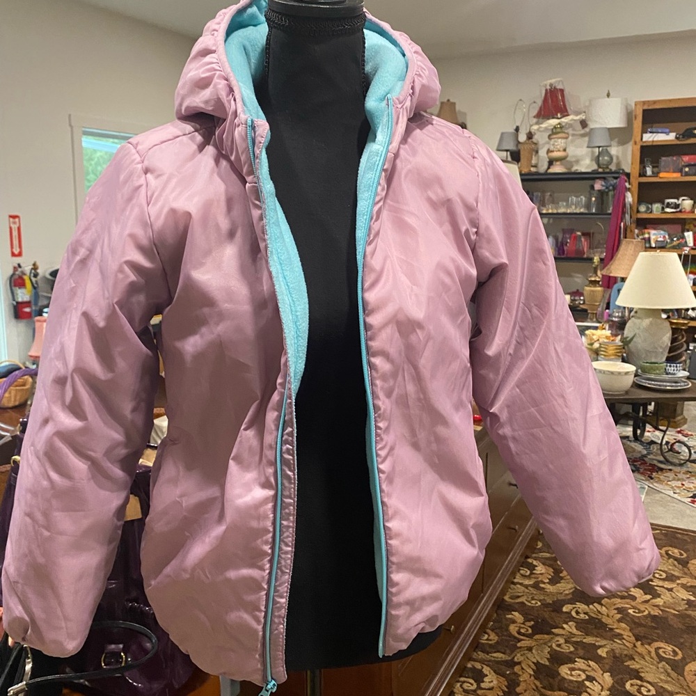 Girls' Hooded Reversible Puffer Jacket in Light Pink with Aqua Lining Size 14/16